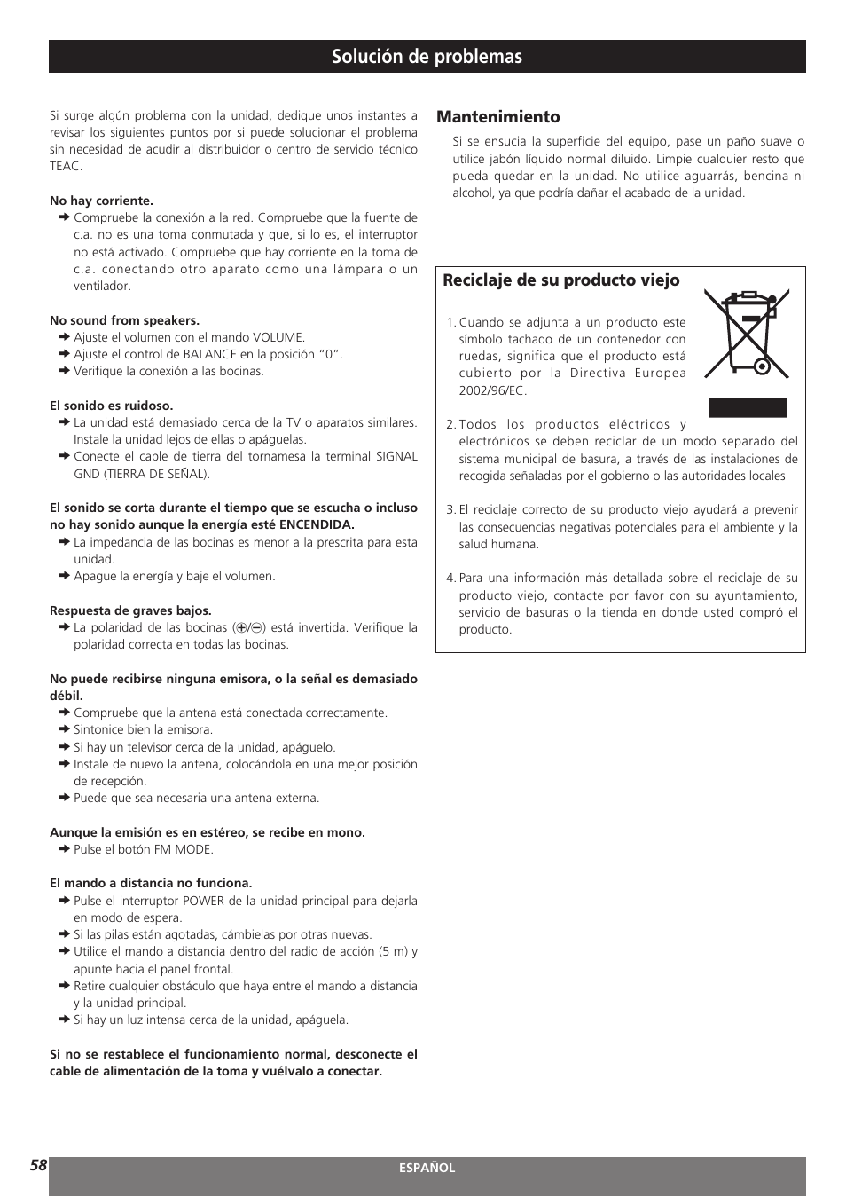 Solución de problemas, Mantenimiento, Reciclaje de su producto viejo | Teac AG-H300MKIII User Manual | Page 58 / 60