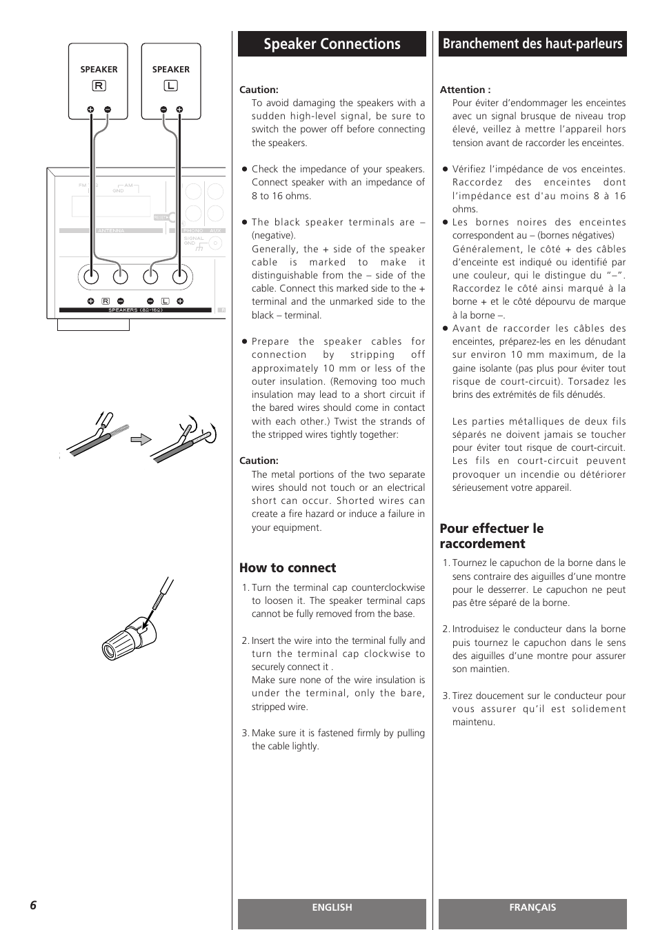 Speaker connections, Branchement des haut-parleurs, How to connect | Pour effectuer le raccordement | Teac AG-H300MKIII User Manual | Page 6 / 60