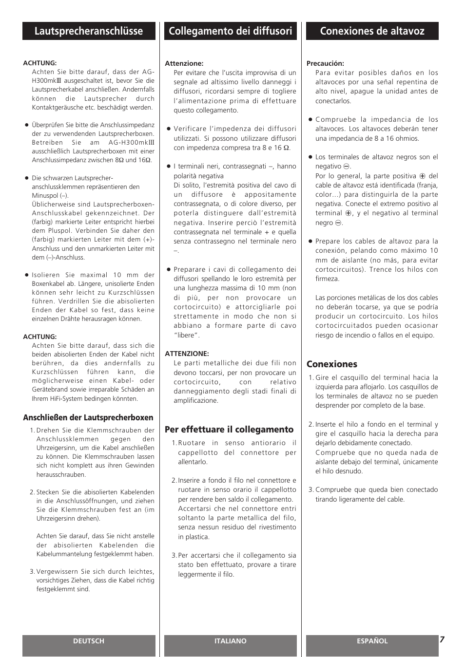 Conexiones de altavoz, Lautsprecheranschlüsse, Collegamento dei diffusori | Conexiones, Per effettuare il collegamento | Teac AG-H300MKIII User Manual | Page 7 / 60