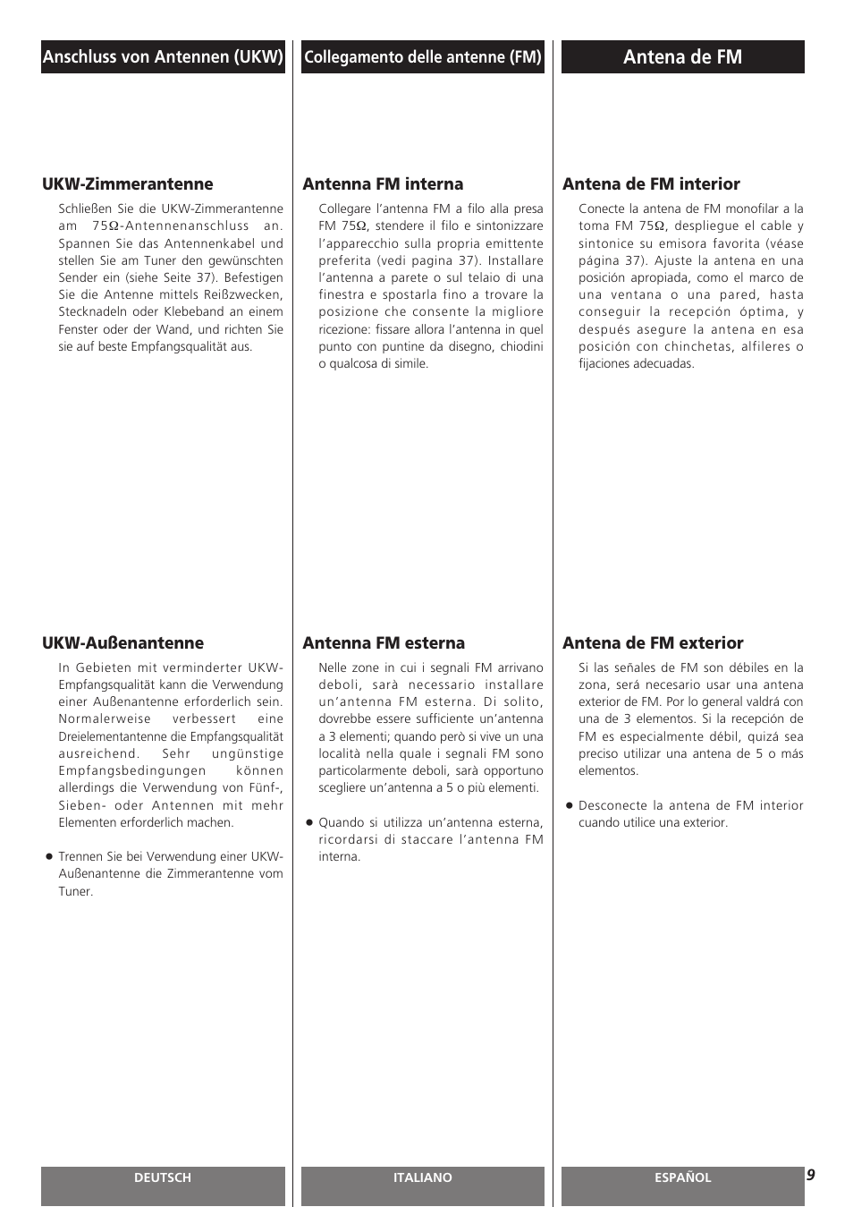 Antena de fm, Anschluss von antennen (ukw) | Teac AG-H300MKIII User Manual | Page 9 / 60