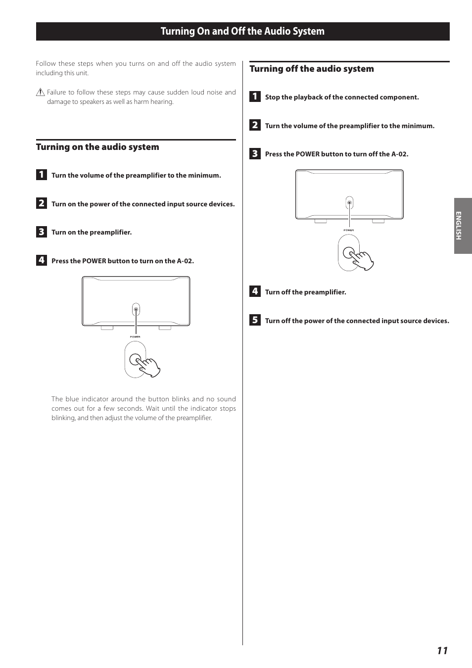 Turning on and off the audio system, 11 turning on and off the audio system | Teac A-02 User Manual | Page 11 / 36