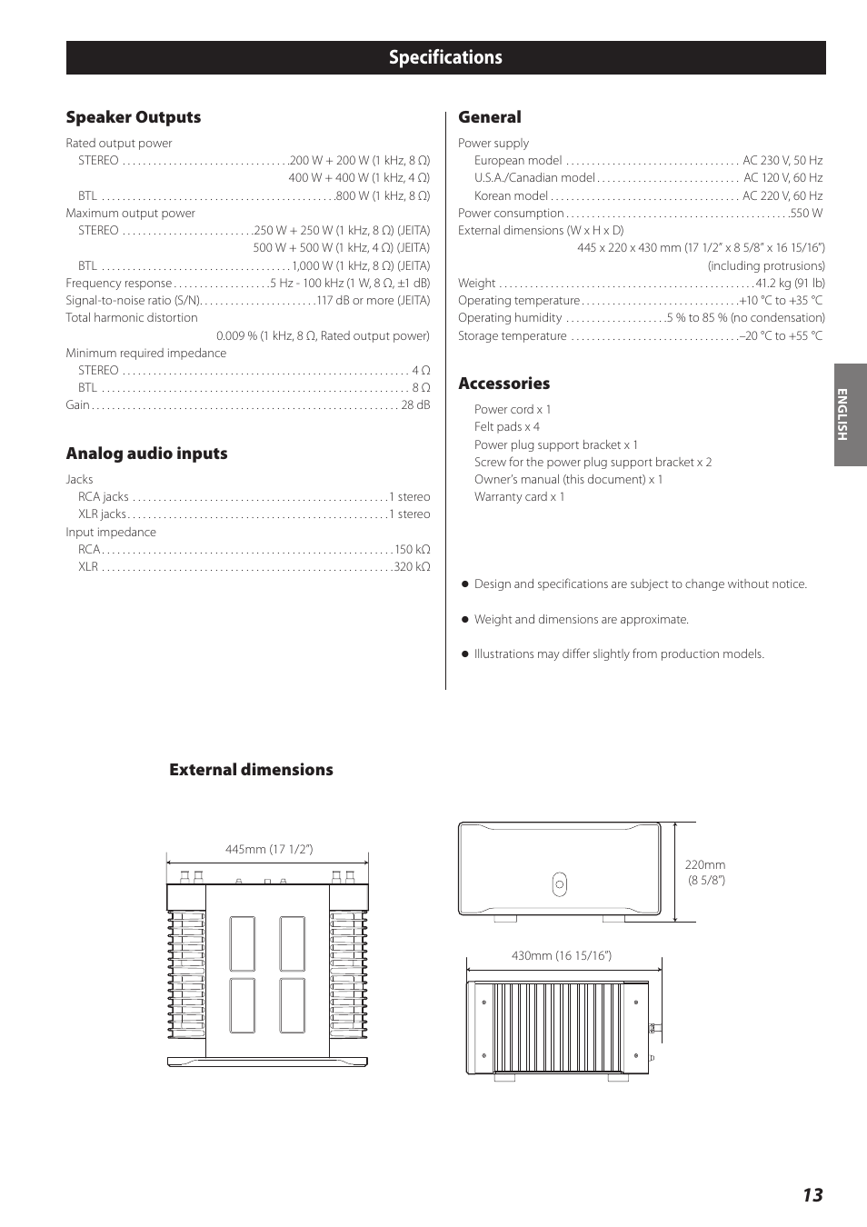 Specifications, 13 specifications, Speaker outputs | Analog audio inputs, General, Accessories, External dimensions | Teac A-02 User Manual | Page 13 / 36