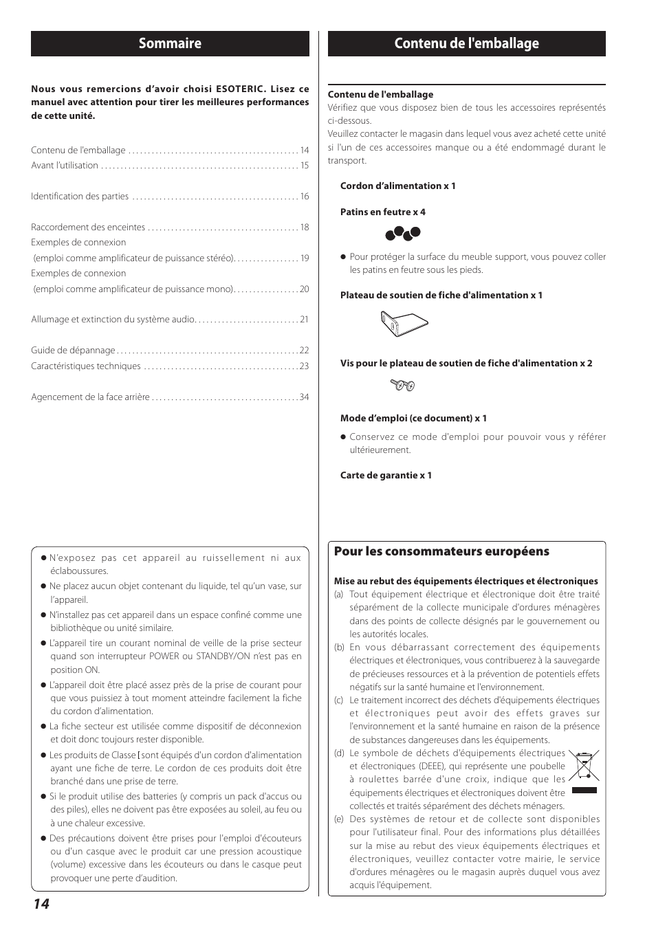 Français, Contenu de l'emballage, 14 sommaire contenu de l'emballage | Pour les consommateurs européens | Teac A-02 User Manual | Page 14 / 36