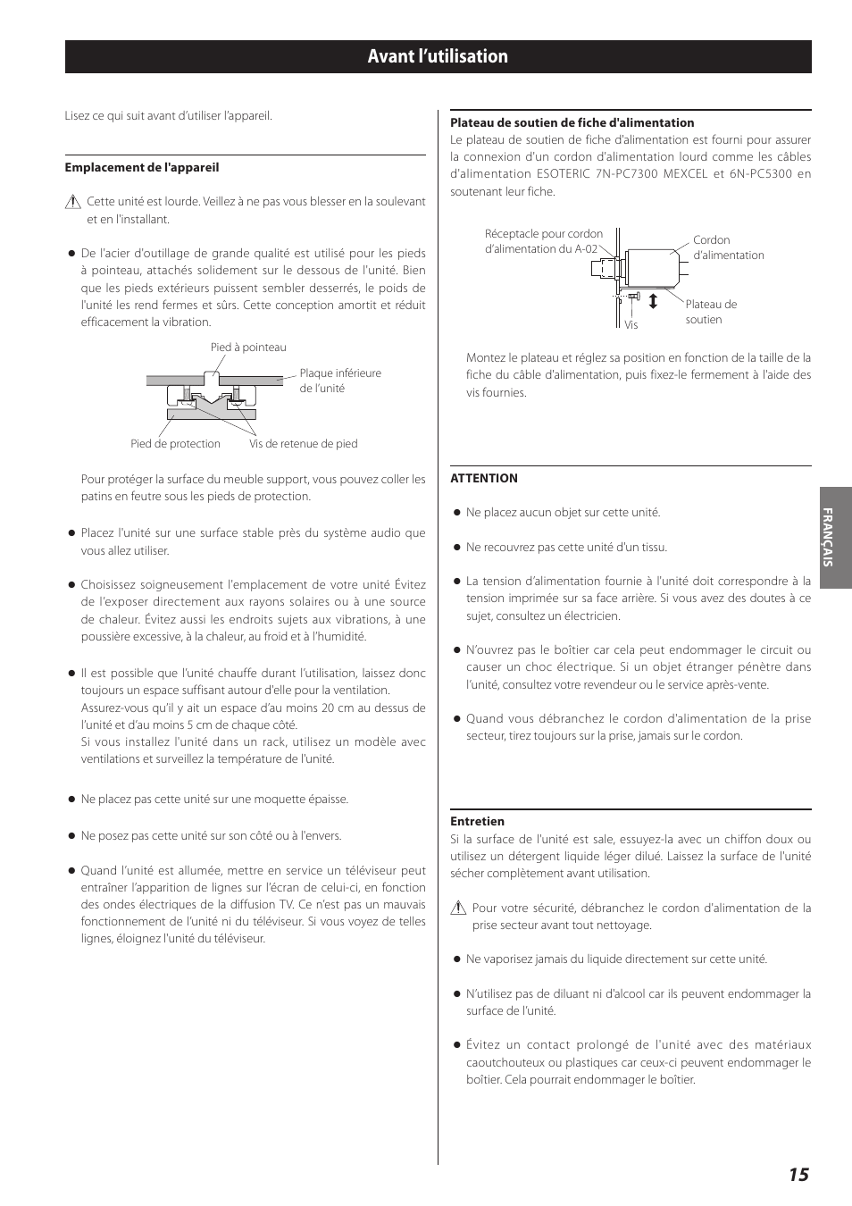 Avant l’utilisation | Teac A-02 User Manual | Page 15 / 36