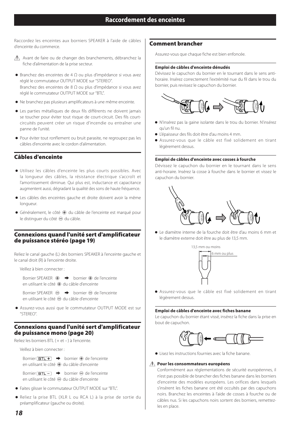 Raccordement des enceintes, 18 raccordement des enceintes, Câbles d'enceinte | Comment brancher | Teac A-02 User Manual | Page 18 / 36