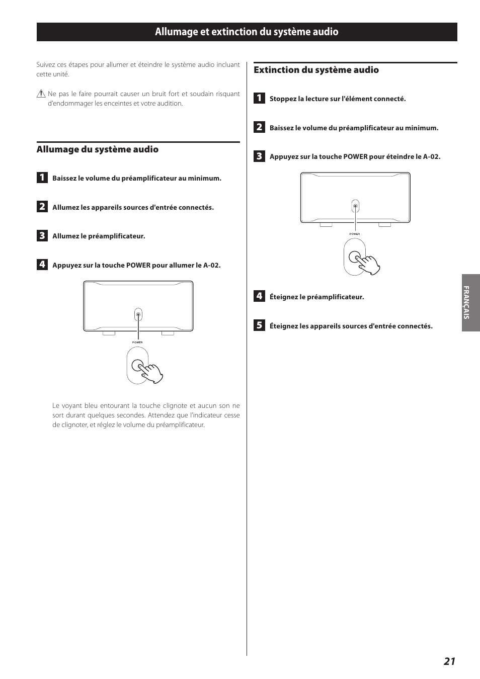 Allumage et extinction du système audio | Teac A-02 User Manual | Page 21 / 36