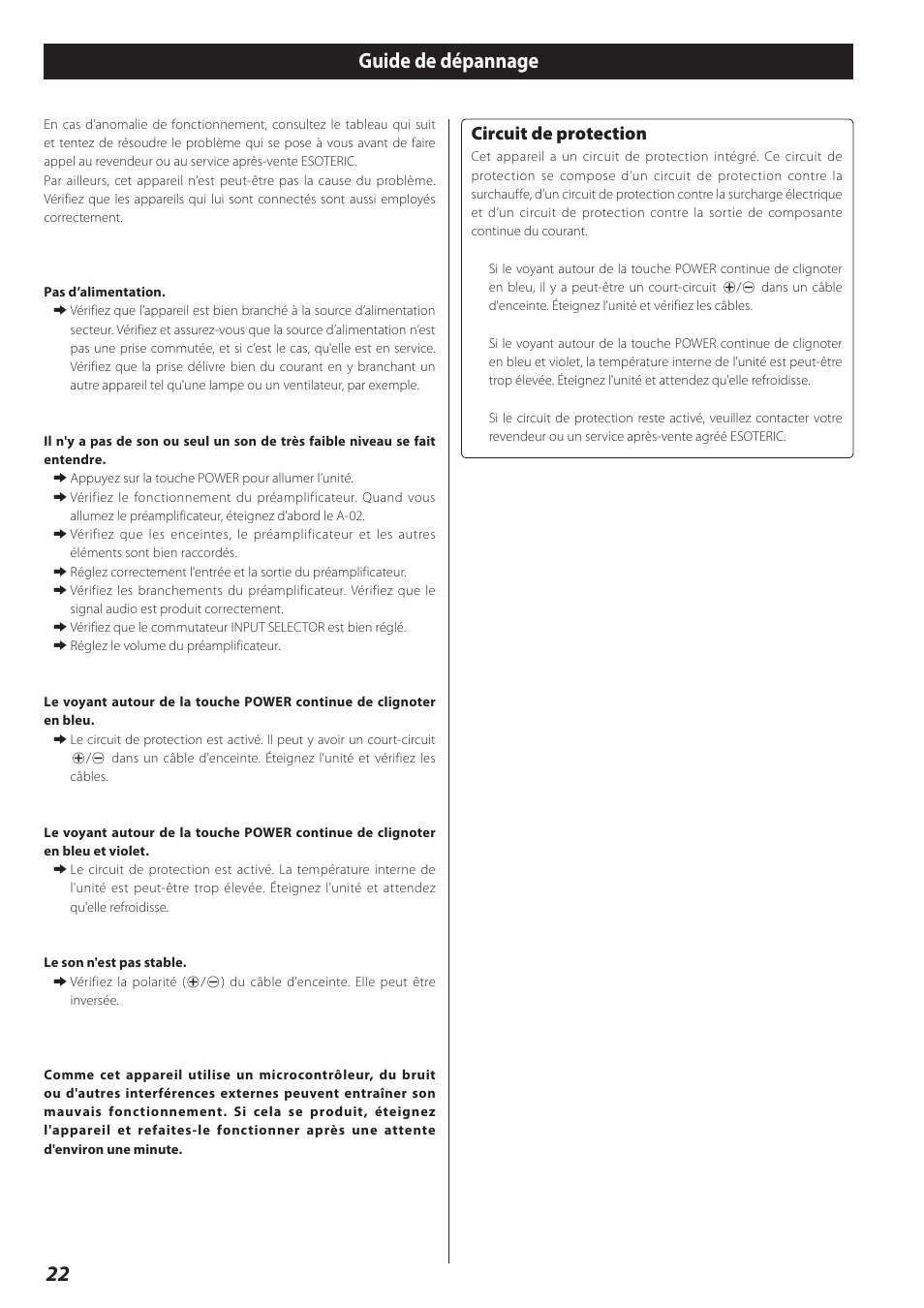 Guide de dépannage, 22 guide de dépannage, Circuit de protection | Teac A-02 User Manual | Page 22 / 36