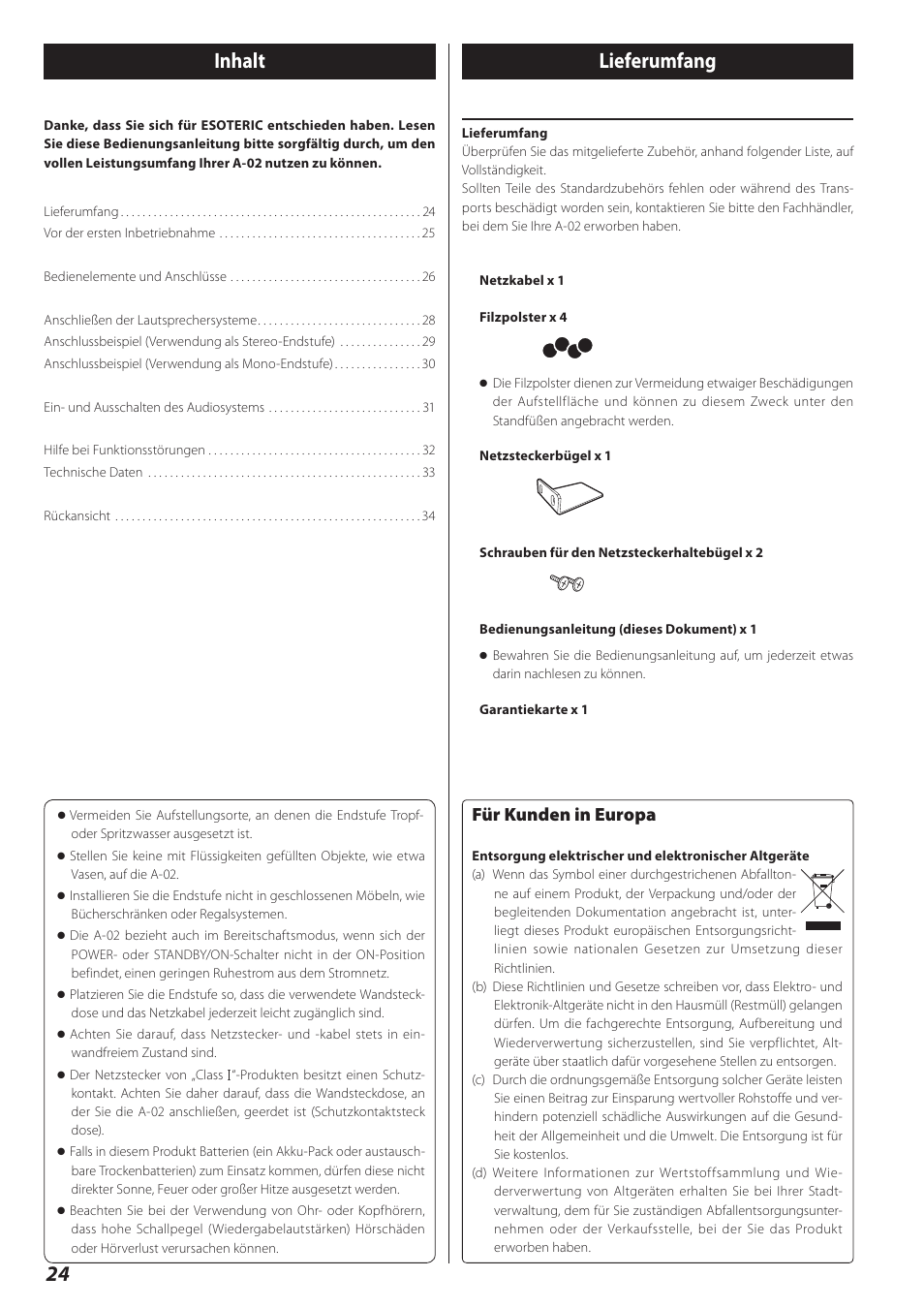 Deutsch, Lieferumfang, 24 inhalt lieferumfang | Für kunden in europa | Teac A-02 User Manual | Page 24 / 36