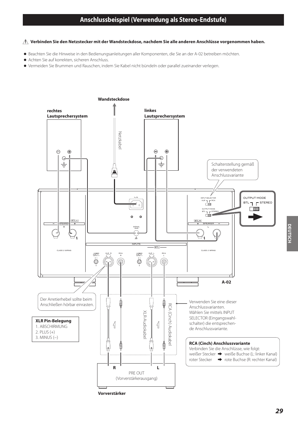 Anschlussbeispiel (verwendung als stereo-endstufe) | Teac A-02 User Manual | Page 29 / 36