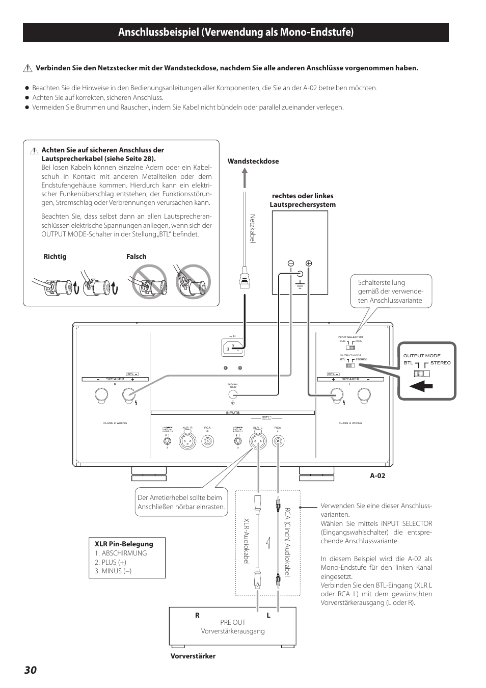 Anschlussbeispiel (verwendung als mono-endstufe) | Teac A-02 User Manual | Page 30 / 36