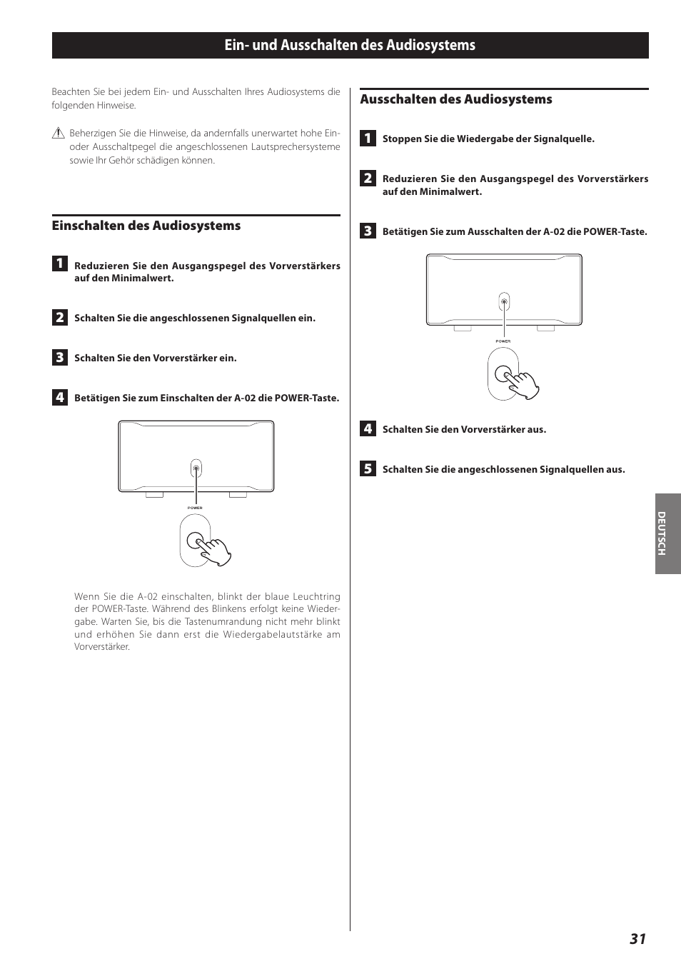 Ein- und ausschalten des audiosystems | Teac A-02 User Manual | Page 31 / 36