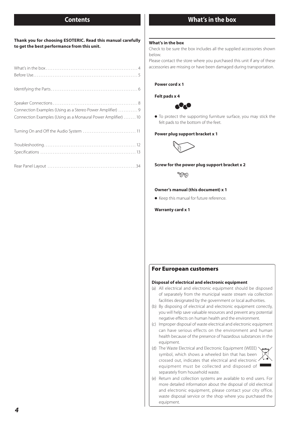 English, What’s in the box, 4contents what’s in the box | For european customers | Teac A-02 User Manual | Page 4 / 36