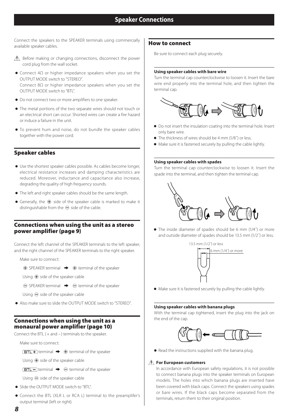 Speaker connections, 8speaker connections, Speaker cables | How to connect | Teac A-02 User Manual | Page 8 / 36