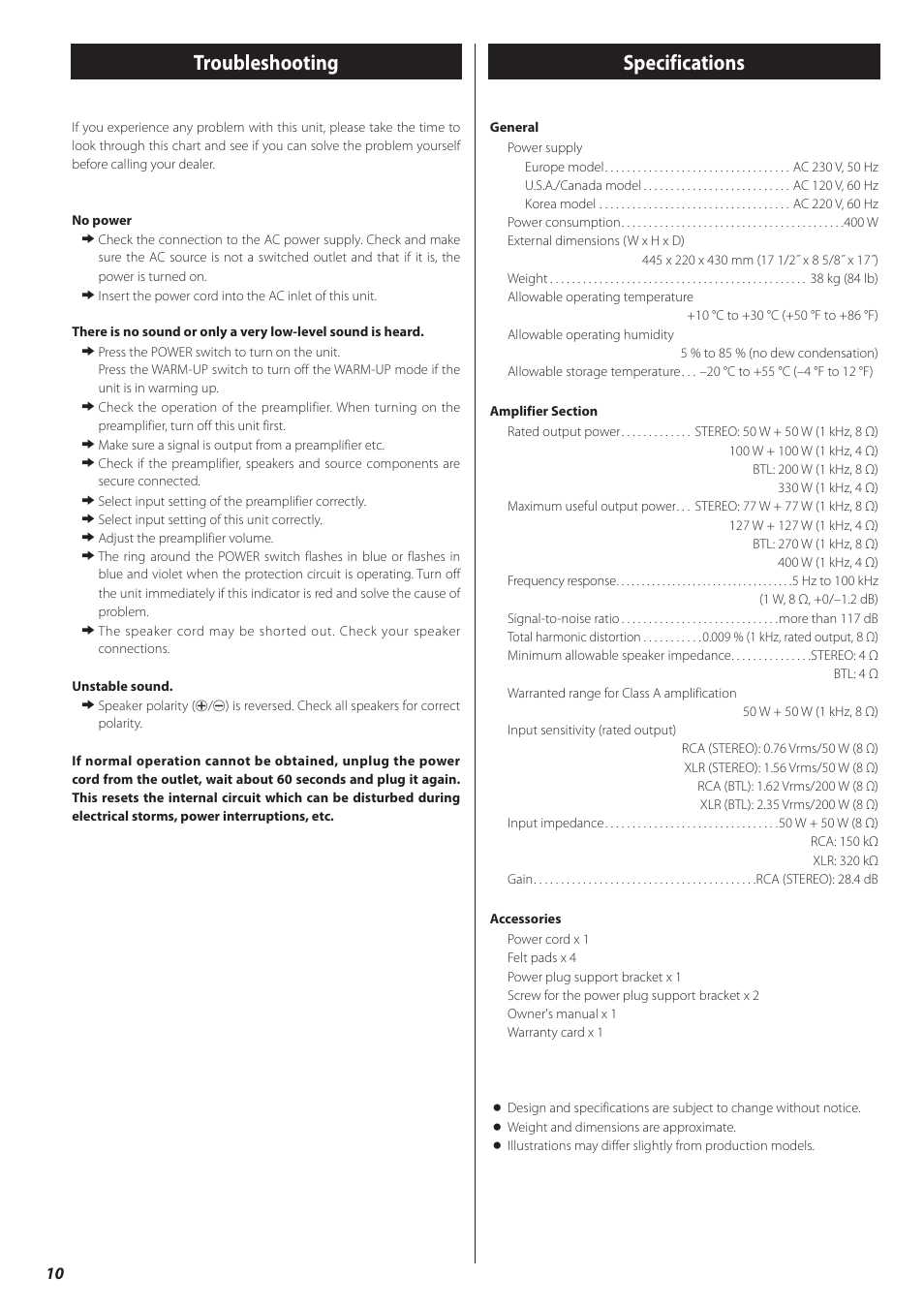 Troubleshooting, Specifications | Teac A-03 User Manual | Page 10 / 28