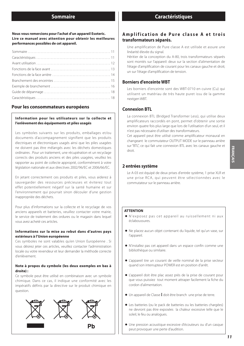 Sommaire, Caractéristiques, Borniers d'enceinte wbt | Connexion btl, 2 entrées système, Pour les consommateurs européens | Teac A-03 User Manual | Page 11 / 28