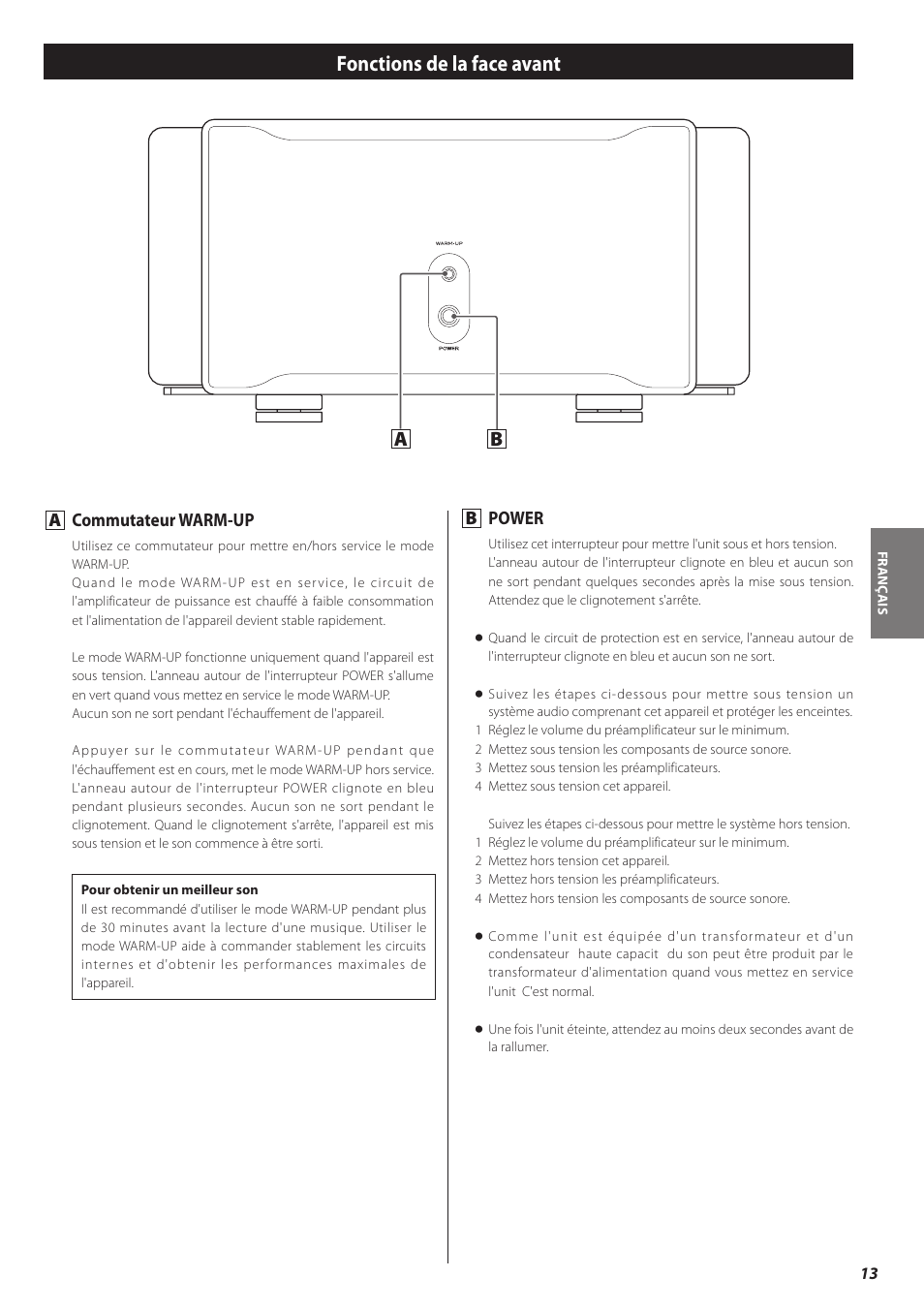 Fonctions de la face avant, A commutateur warm-up, B power | Teac A-03 User Manual | Page 13 / 28