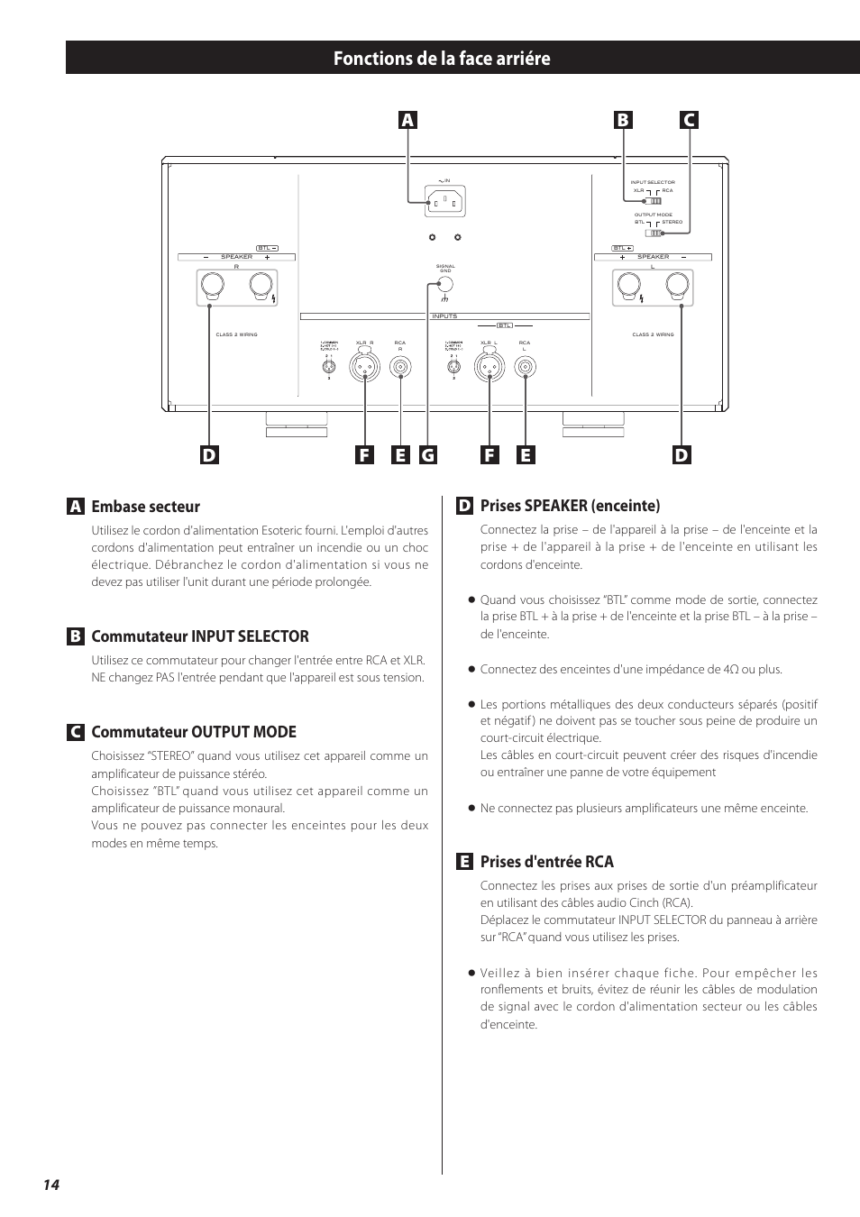 Fonctions de la face arriére, Aembase secteur, Bcommutateur input selector | Ccommutateur output mode, Dprises speaker (enceinte), Eprises d'entrée rca | Teac A-03 User Manual | Page 14 / 28