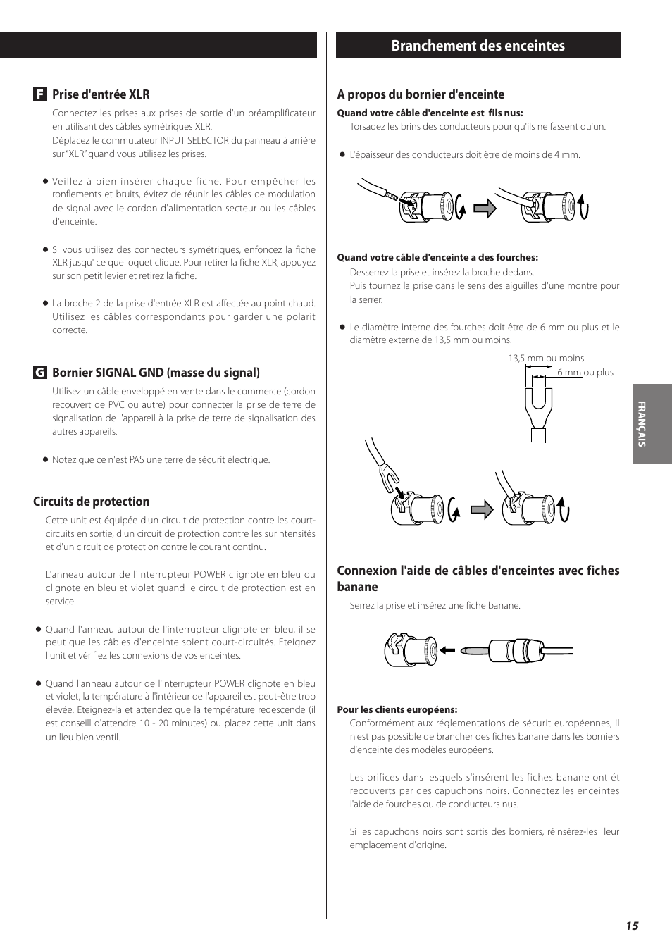 Branchement des enceintes, Fprise d'entrée xlr, Gbornier signal gnd (masse du signal) | Circuits de protection, A propos du bornier d'enceinte | Teac A-03 User Manual | Page 15 / 28