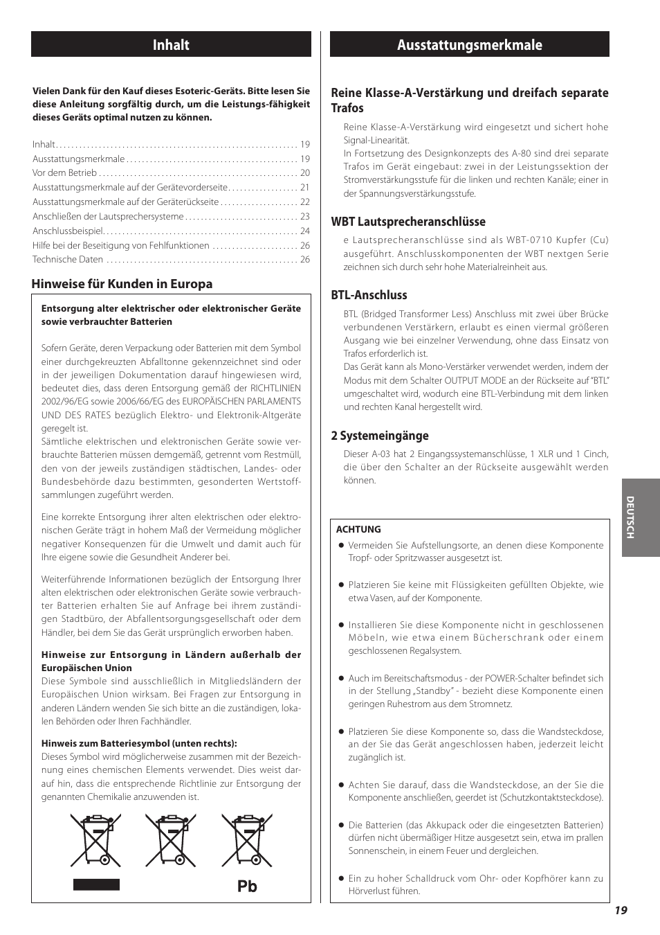 Inhalt, Ausstattungsmerkmale, Wbt lautsprecheranschlüsse | Btl-anschluss, 2 systemeingänge, Hinweise für kunden in europa | Teac A-03 User Manual | Page 19 / 28