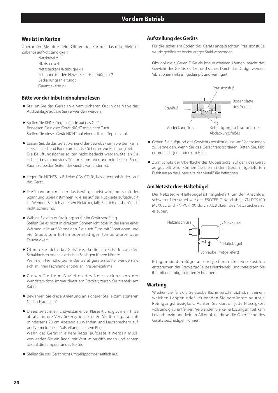 Vor dem betrieb, Aufstellung des geräts, Am netzstecker-haltebügel | Wartung, Was ist im karton, Bitte vor der inbetriebnahme lesen | Teac A-03 User Manual | Page 20 / 28