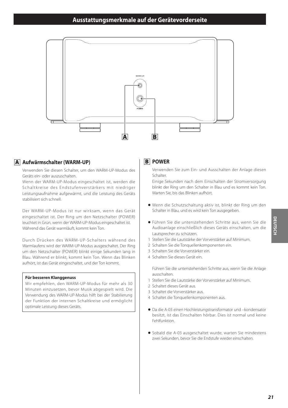 Ausstattungsmerkmale auf der gerätevorderseite, A aufwärmschalter (warm-up), B power | Teac A-03 User Manual | Page 21 / 28