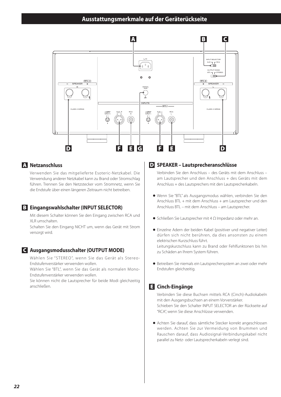 Ausstattungsmerkmale auf der geräterückseite, Anetzanschluss, Beingangswahlschalter (input selector) | Causgangsmodusschalter (output mode), Dspeaker – lautsprecheranschlüsse, Ecinch-eingänge | Teac A-03 User Manual | Page 22 / 28