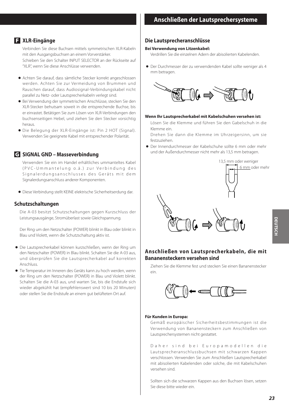 Anschließen der lautsprechersysteme, Fxlr-eingänge, Gsignal gnd – masseverbindung | Schutzschaltungen, Die lautsprecheranschlüsse | Teac A-03 User Manual | Page 23 / 28