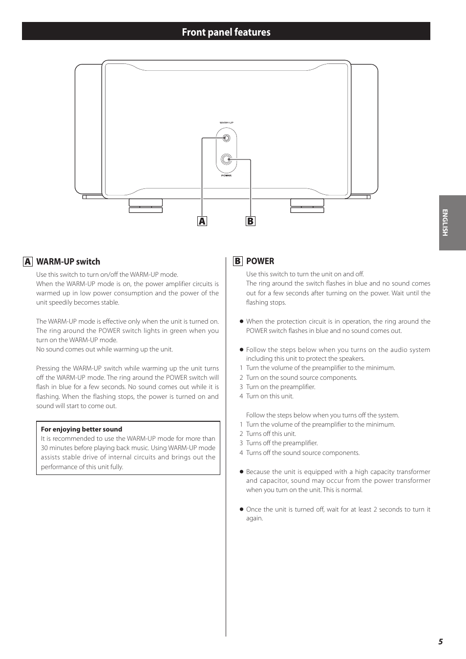 Front panel features, A warm-up switch, B power | Teac A-03 User Manual | Page 5 / 28