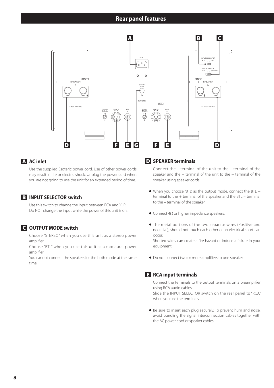 Rear panel features, Aac inlet, Binput selector switch | Coutput mode switch, Dspeaker terminals, Erca input terminals | Teac A-03 User Manual | Page 6 / 28