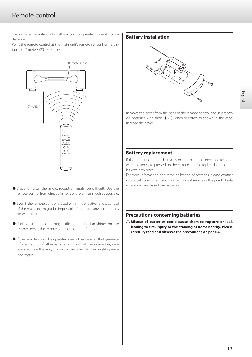 Remote control, Battery installation, Battery replacement | Precautions concerning batteries | Teac C-02 User Manual | Page 11 / 68