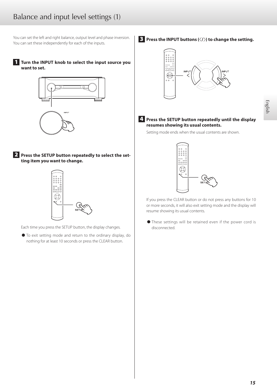 Balance and input level settings, 15) and, 15 and | Balance and input level settings (1) | Teac C-02 User Manual | Page 15 / 68