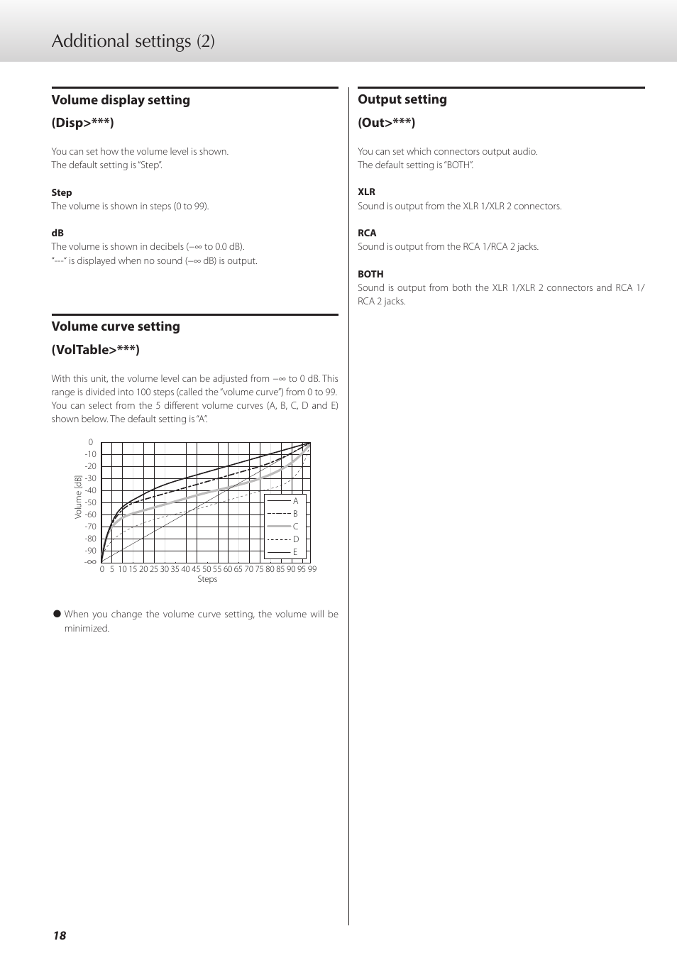 Additional settings (2), Output setting (out>***), Volume display setting (disp>***) | Volume curve setting (voltable>***) | Teac C-02 User Manual | Page 18 / 68