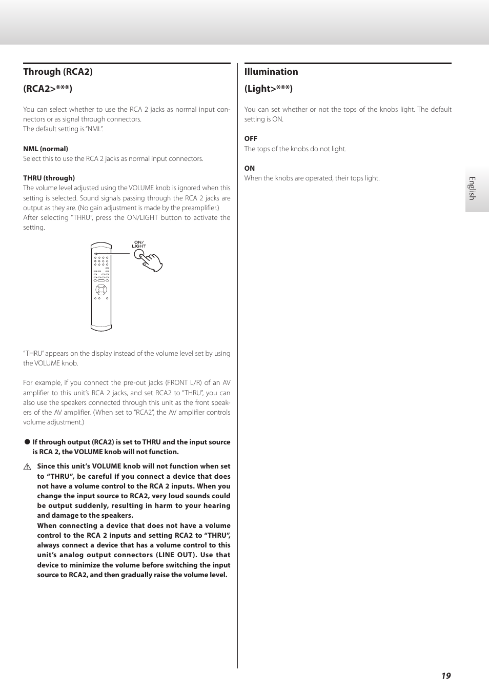 Illumination (light>***), Through (rca2) (rca2>***) | Teac C-02 User Manual | Page 19 / 68