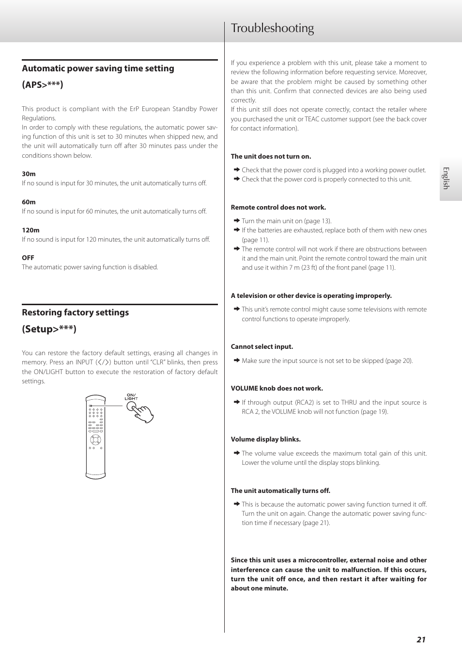 Troubleshooting, Setup>***), Automatic power saving time setting | Restoring factory settings | Teac C-02 User Manual | Page 21 / 68