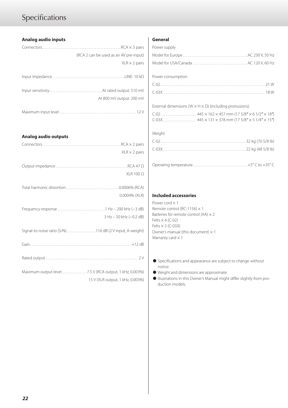 Specifications | Teac C-02 User Manual | Page 22 / 68