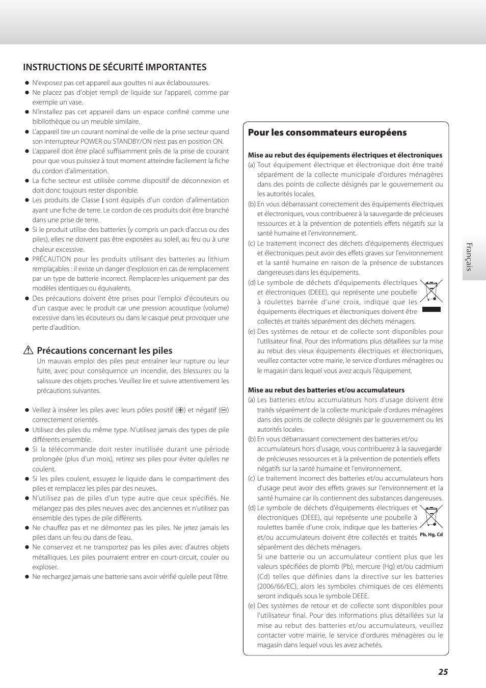 Français, Pour les consommateurs européens, Instructions de sécurité importantes | Q précautions concernant les piles | Teac C-02 User Manual | Page 25 / 68