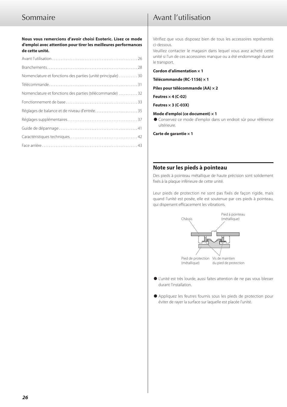 Avant l’utilisation, Avant l’utilisation sommaire | Teac C-02 User Manual | Page 26 / 68