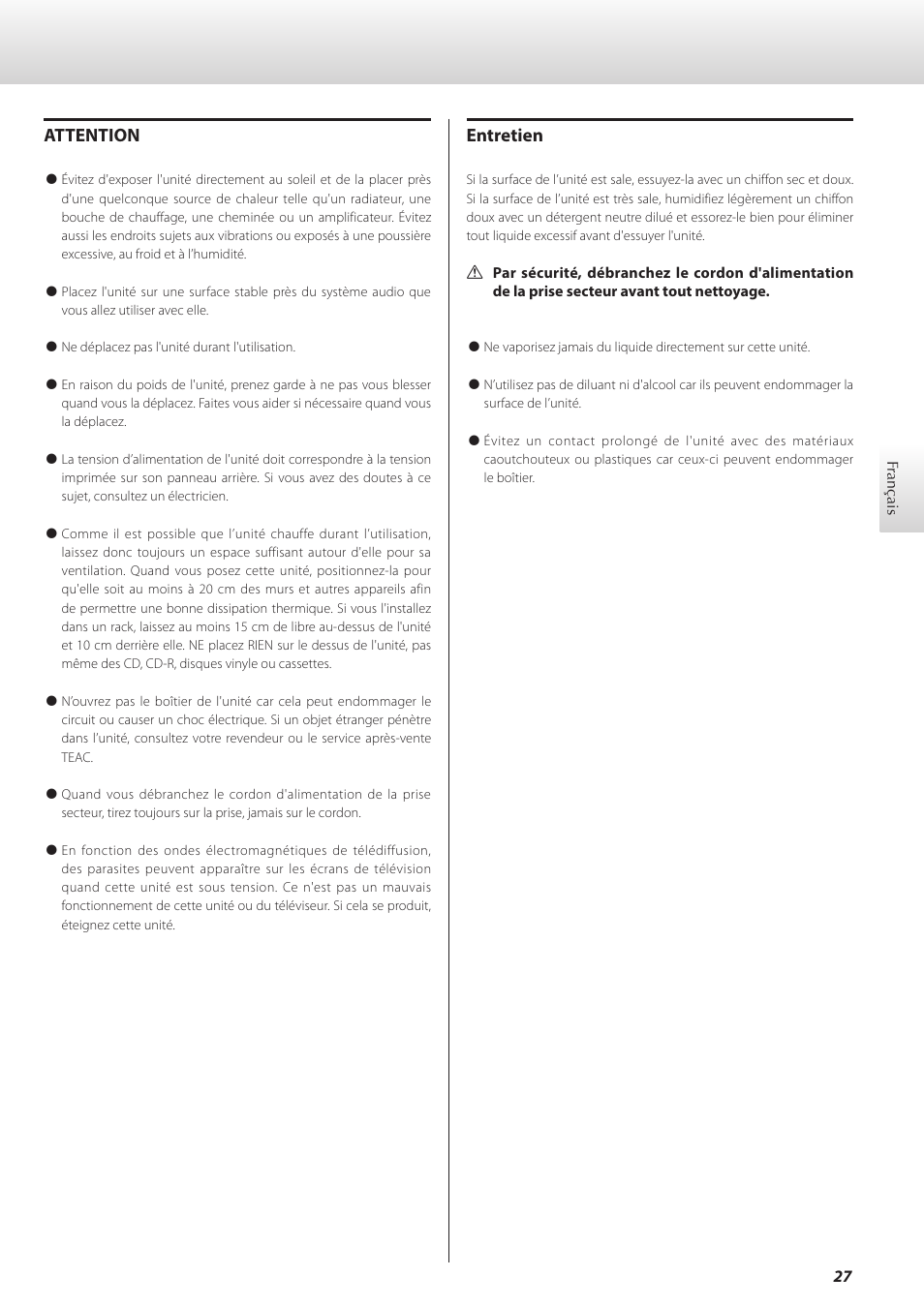 Attention, Entretien | Teac C-02 User Manual | Page 27 / 68