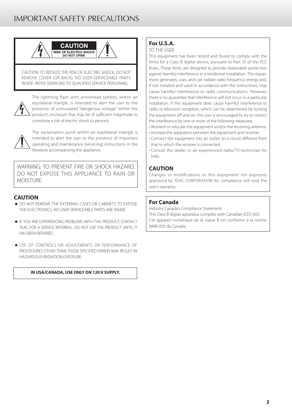 Important safety precautions | Teac C-02 User Manual | Page 3 / 68