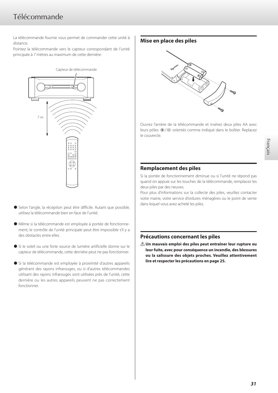 Télécommande, Mise en place des piles, Remplacement des piles | Précautions concernant les piles | Teac C-02 User Manual | Page 31 / 68