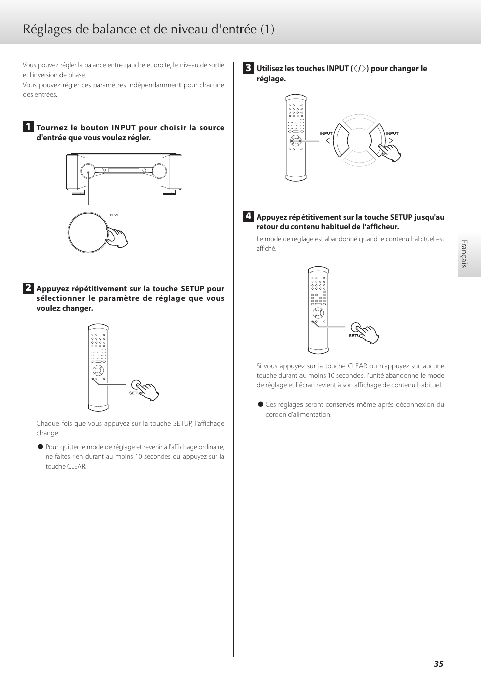 Réglages de balance et de niveau d'entrée, 35) et de, Réglages de balance et de niveau d'entrée (1) | Teac C-02 User Manual | Page 35 / 68