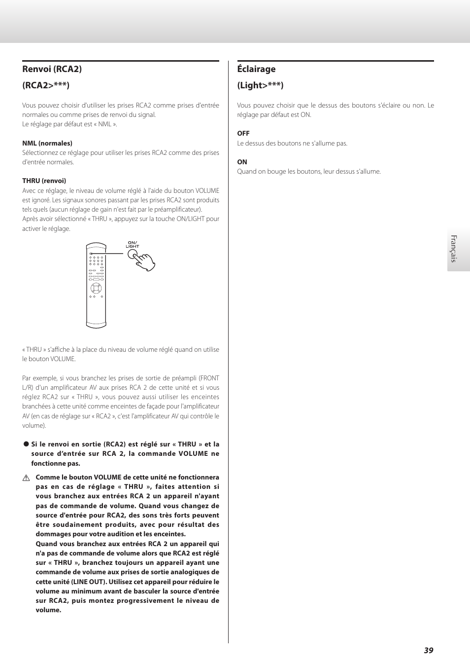 Éclairage (light>***), Renvoi (rca2) (rca2>***) | Teac C-02 User Manual | Page 39 / 68