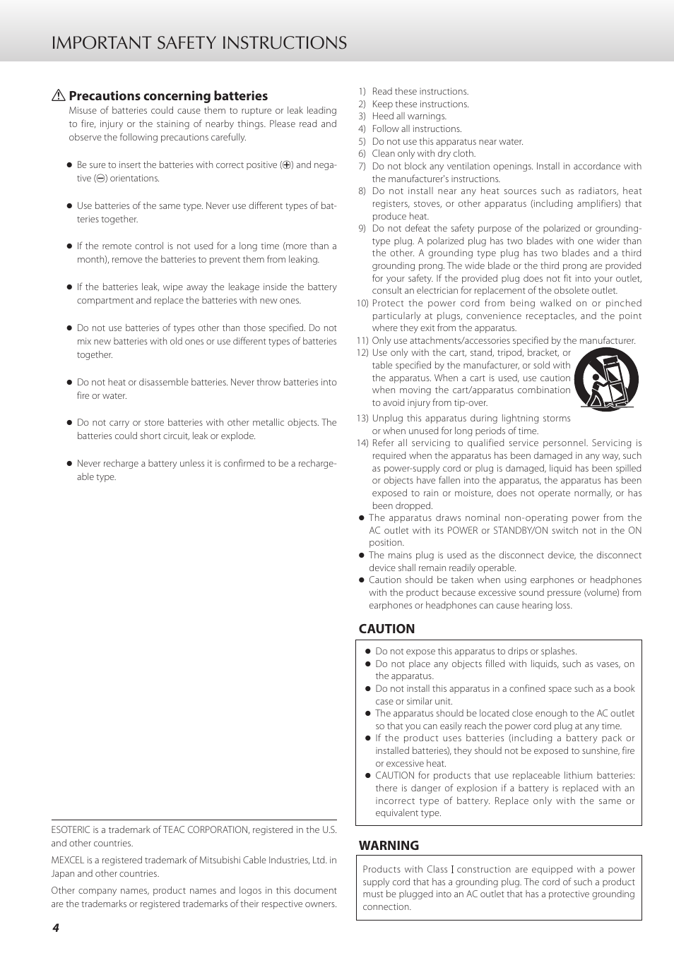 Important safety instructions, Caution warning, Q precautions concerning batteries | Teac C-02 User Manual | Page 4 / 68