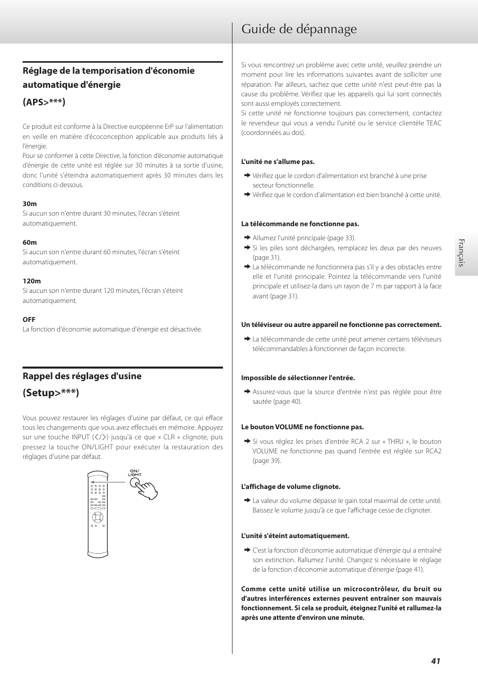 Guide de dépannage, Setup>***), Rappel des réglages d'usine | Teac C-02 User Manual | Page 41 / 68