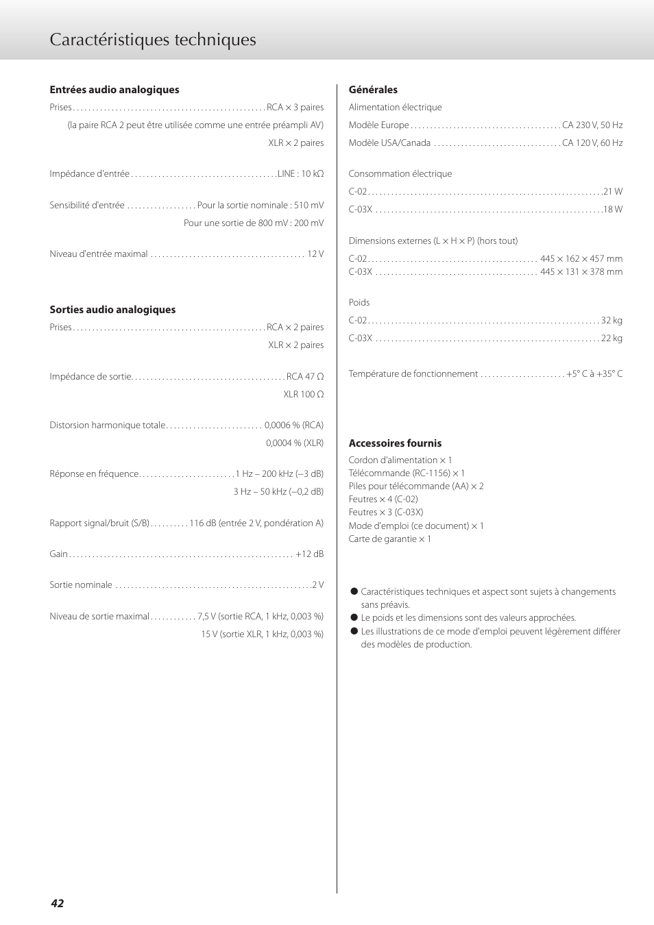 Caractéristiques techniques | Teac C-02 User Manual | Page 42 / 68