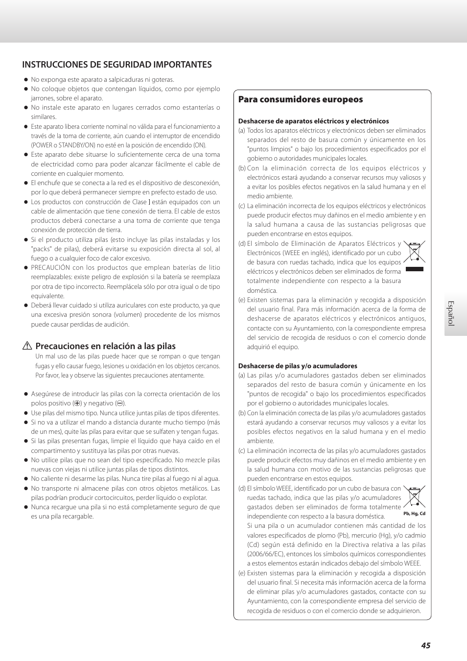 Español, Para consumidores europeos, Instrucciones de seguridad importantes | Q precauciones en relación a las pilas | Teac C-02 User Manual | Page 45 / 68