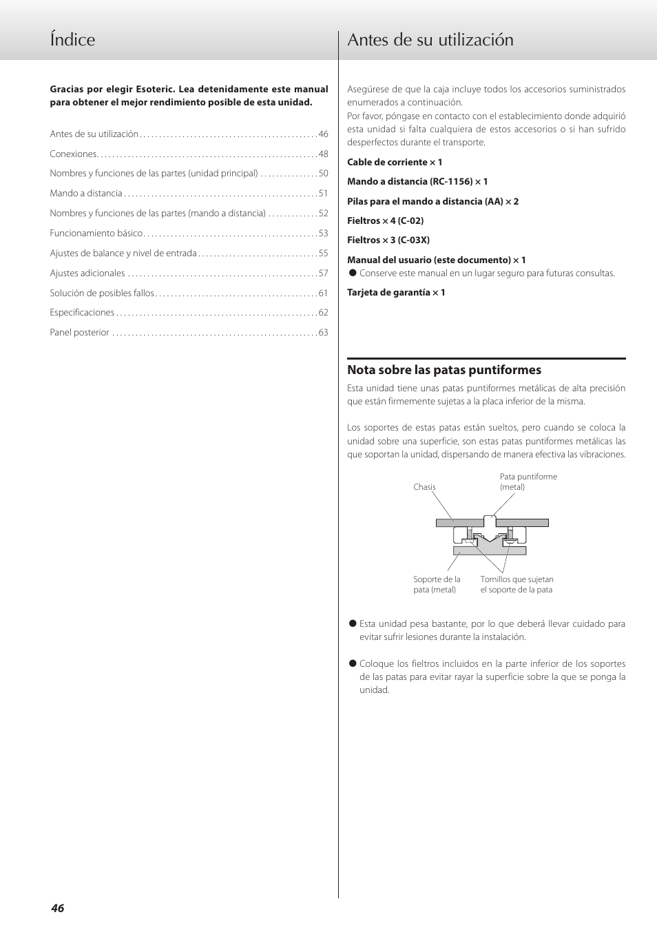 Antes de su utilización, Antes de su utilización índice, Nota sobre las patas puntiformes | Teac C-02 User Manual | Page 46 / 68