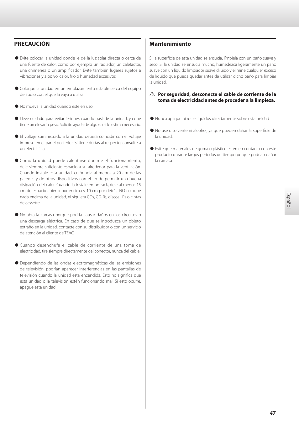 Precaución, Mantenimiento | Teac C-02 User Manual | Page 47 / 68