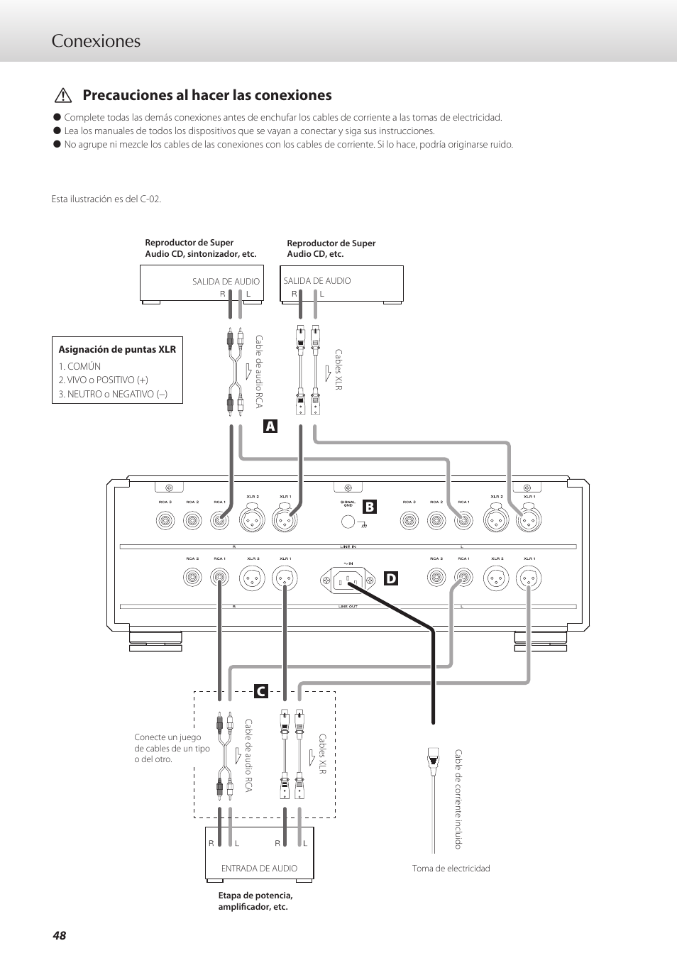 Conexiones, Vprecauciones al hacer las conexiones, Ad b c | Teac C-02 User Manual | Page 48 / 68