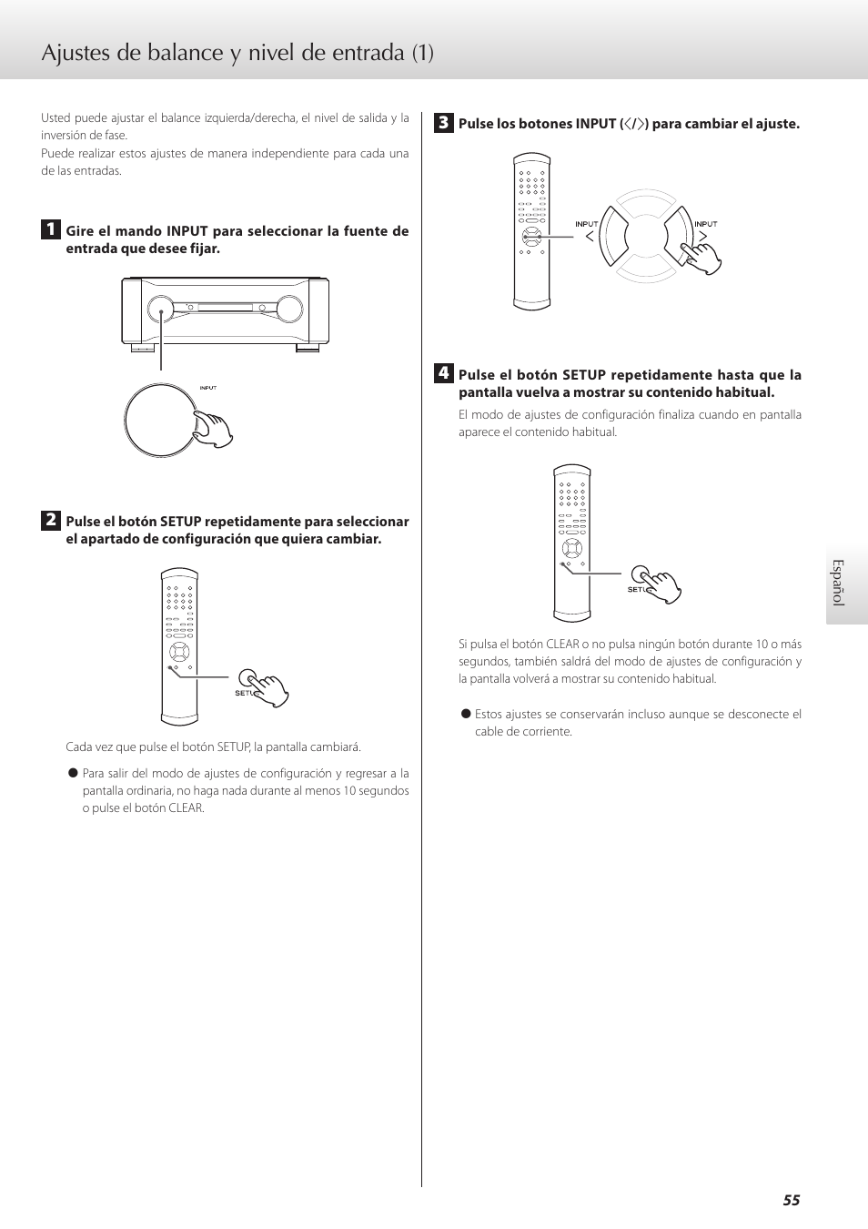 Ajustes de balance y nivel de entrada, Ina 55, Inas 55 y | 55 y, Ajustes de balance y nivel de entrada (1) | Teac C-02 User Manual | Page 55 / 68